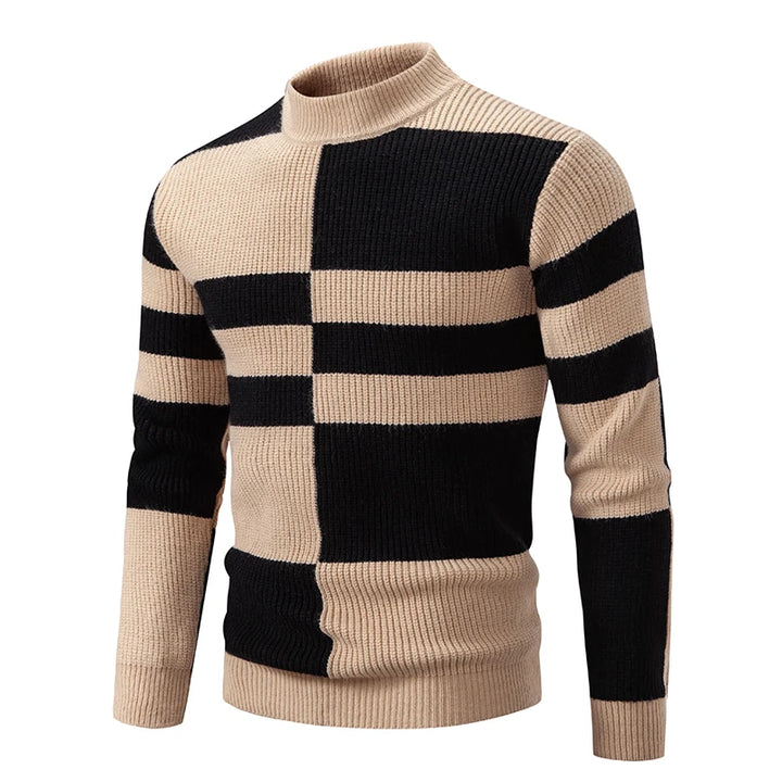 Men's Geometric Color-Block Ribbed Knit Sweater - Khaki/Black