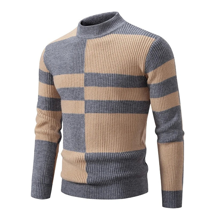 Men's Geometric Color-Block Ribbed Knit Sweater - Gray/Khaki