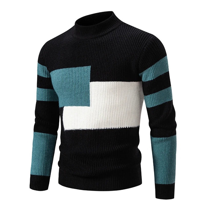 Men's Geometric Color-Block Ribbed Knit Sweater - Black/Green/White