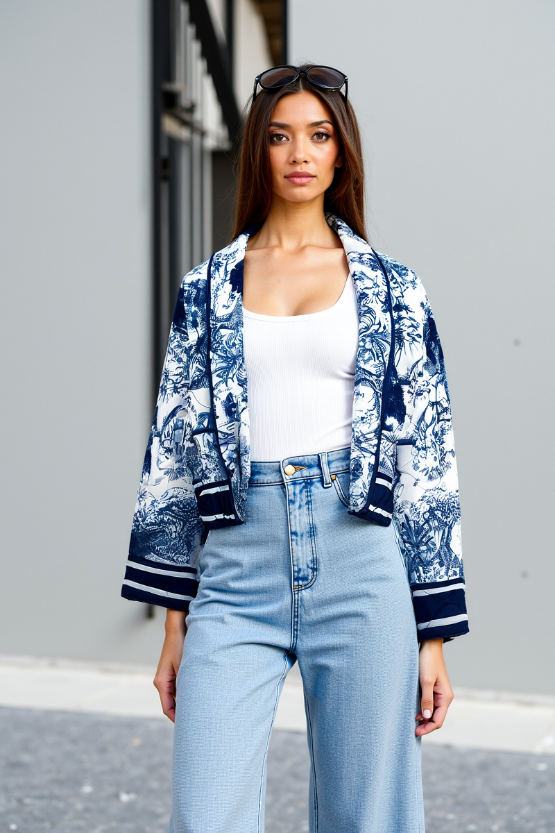 Women's Quilted Floral Jacket with Wide Sleeves