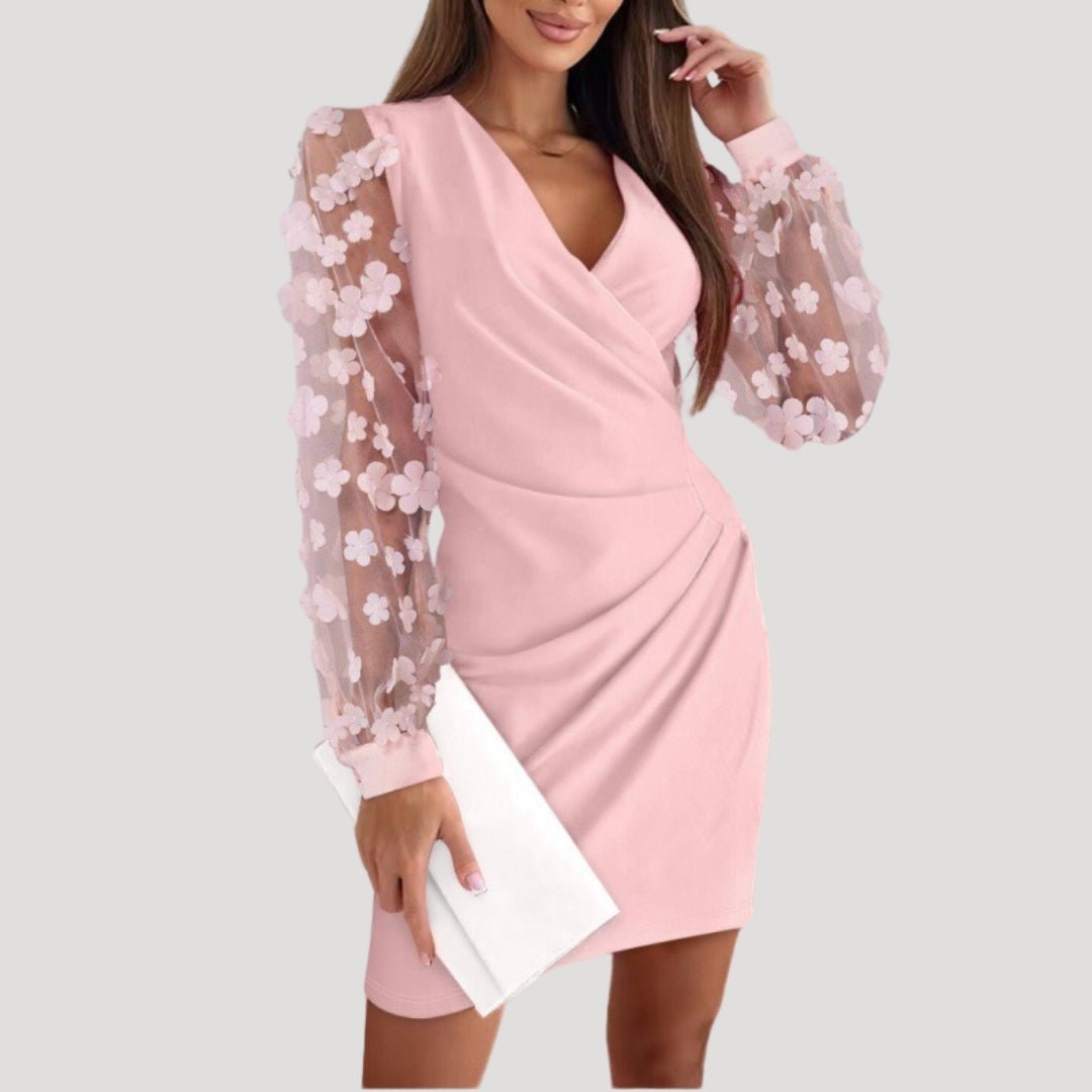 Women's Sheer Mesh V-Neck Long Sleeve Mini Dress