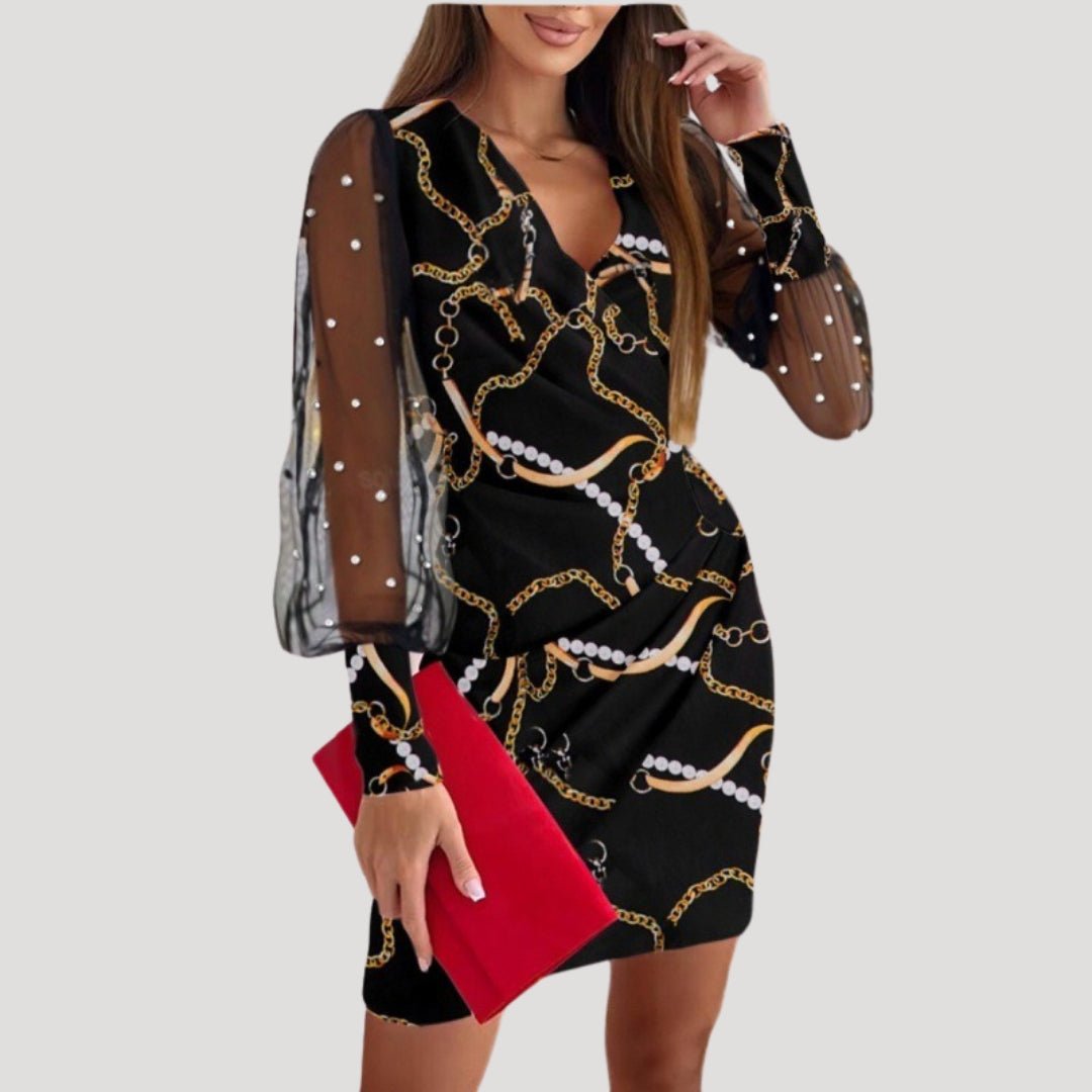 Women's Sheer Mesh V-Neck Long Sleeve Mini Dress