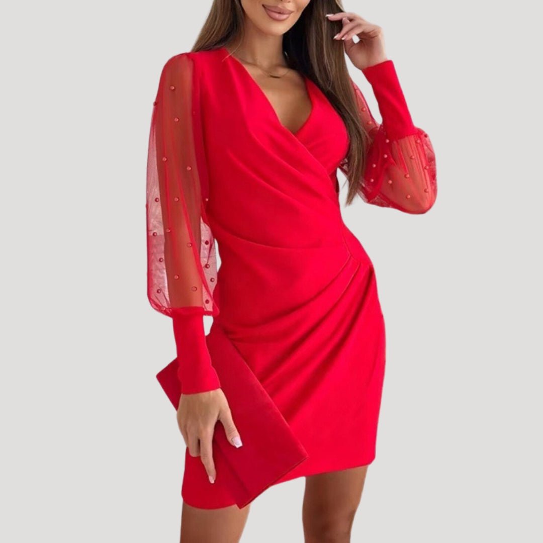 Women's Sheer Mesh V-Neck Long Sleeve Mini Dress