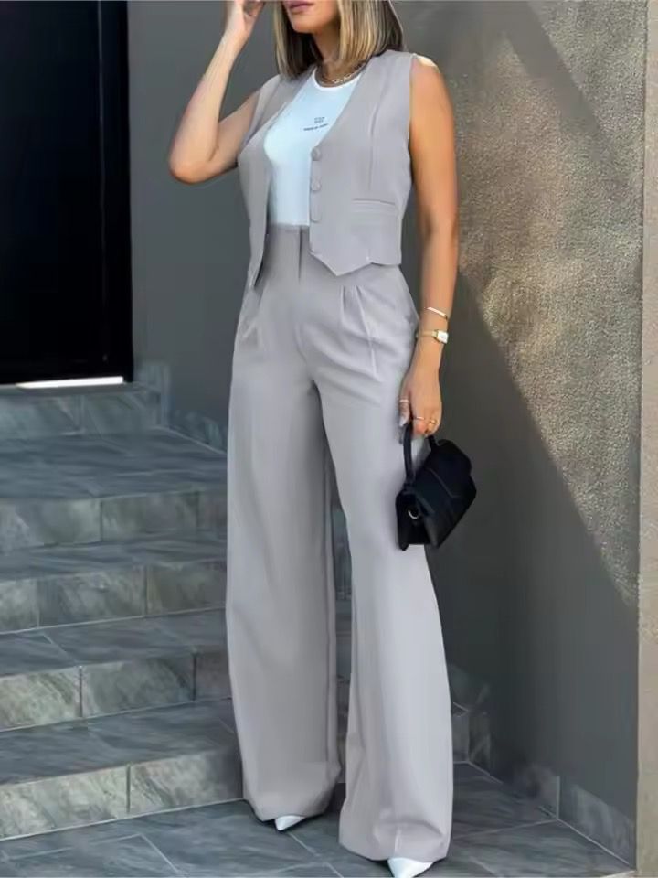 Women's Tailored Waistcoat and Wide-Leg Trouser Set - Light Gray