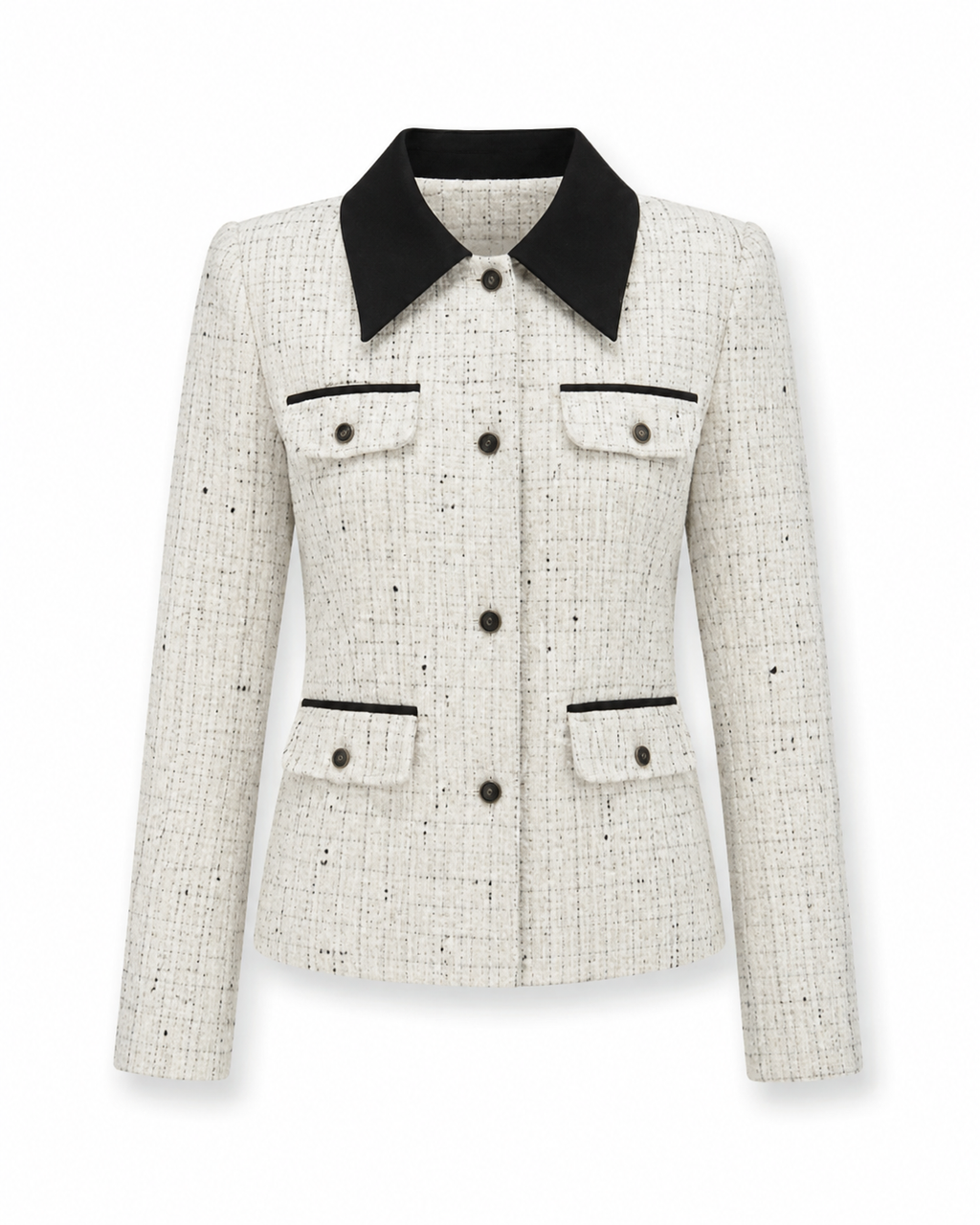 Women's Contrast-Collar Tweed-Style Jacket with Flap Pockets - White
