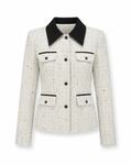 Women's Contrast-Collar Tweed-Style Jacket with Flap Pockets - White