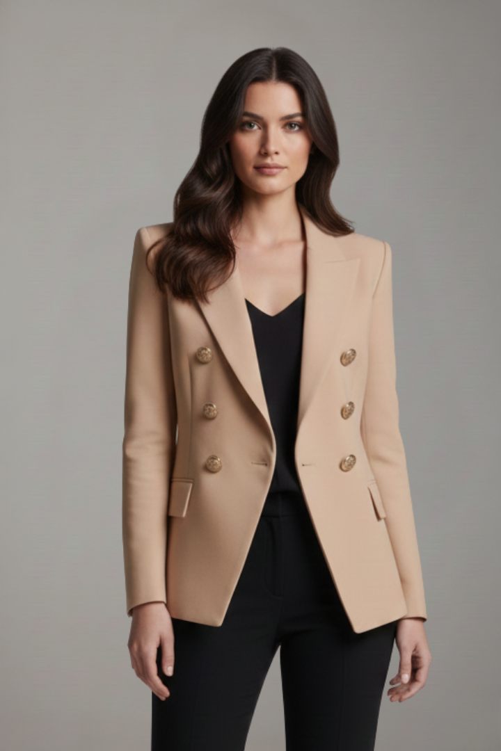 Women's Knee-Length Double-Breasted Gold Button Blazer - Khaki