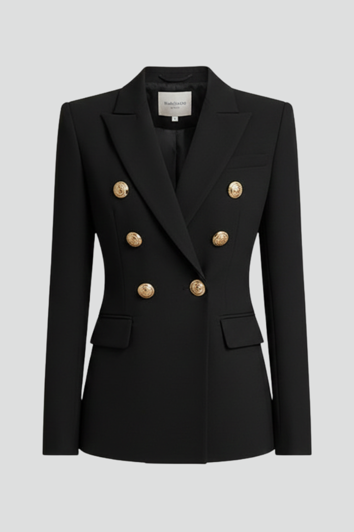 Women's Knee-Length Double-Breasted Gold Button Blazer