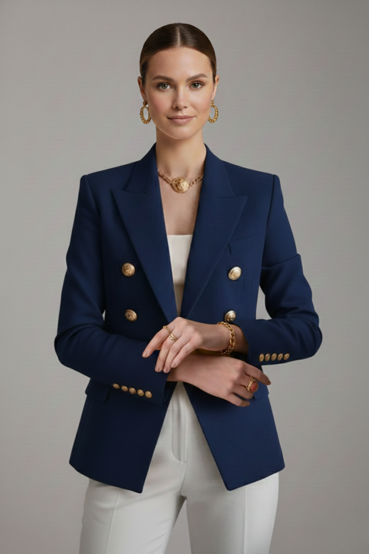 Women's Knee-Length Double-Breasted Gold Button Blazer