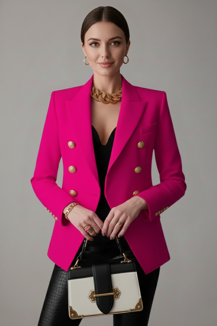 Women's Knee-Length Double-Breasted Gold Button Blazer - Pink