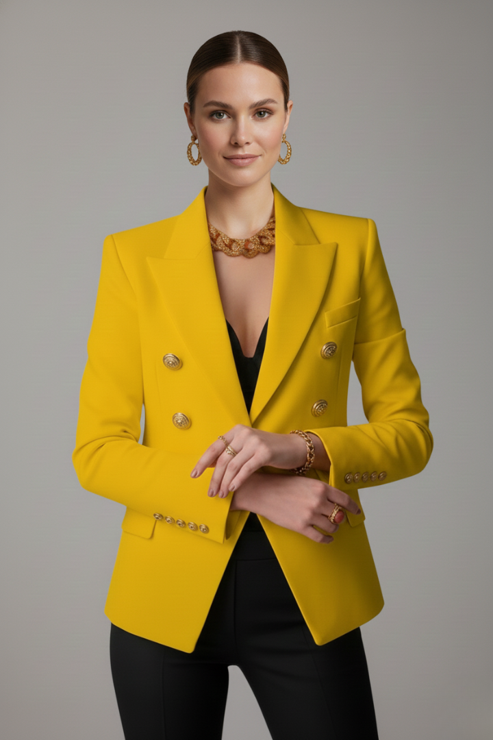 Women's Knee-Length Double-Breasted Gold Button Blazer - Yellow
