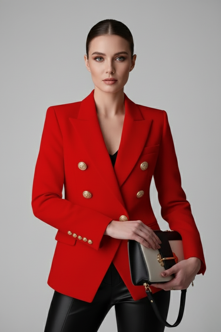 Women's Knee-Length Double-Breasted Gold Button Blazer - Red