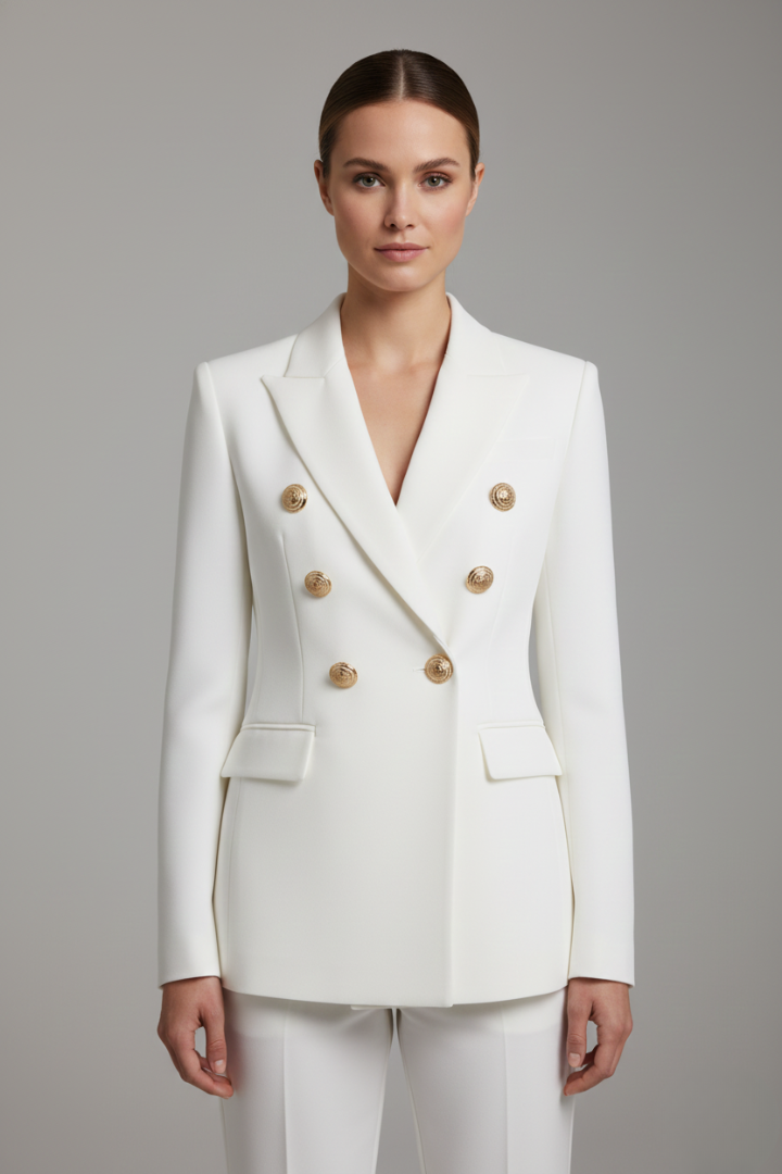 Women's Knee-Length Double-Breasted Gold Button Blazer - White