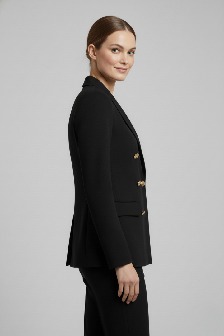 Women's Knee-Length Double-Breasted Gold Button Blazer