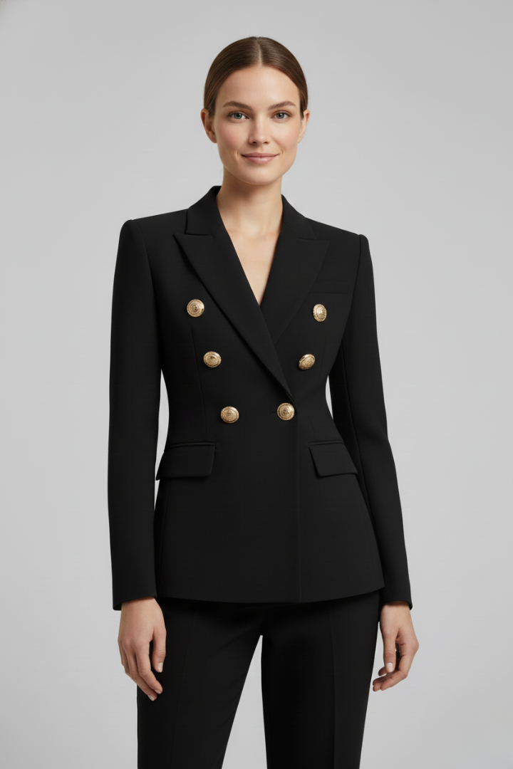 Women's Knee-Length Double-Breasted Gold Button Blazer