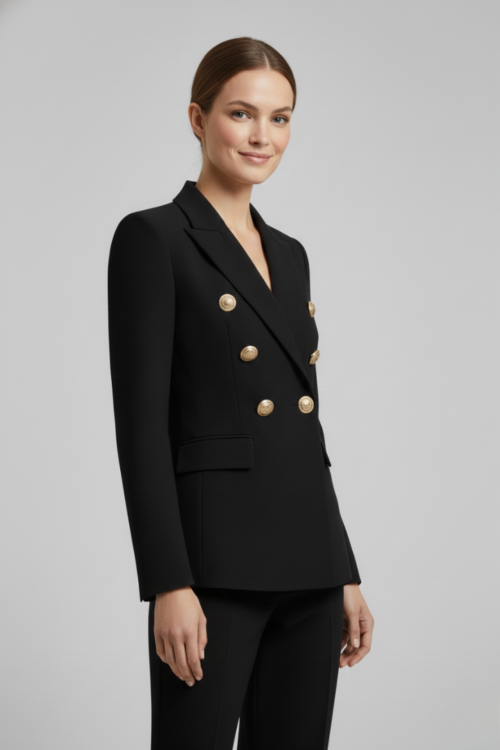 Women's Knee-Length Double-Breasted Gold Button Blazer