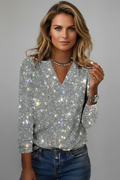 Women's Glitter V-Neck Fitted Knit Sweater - Silver