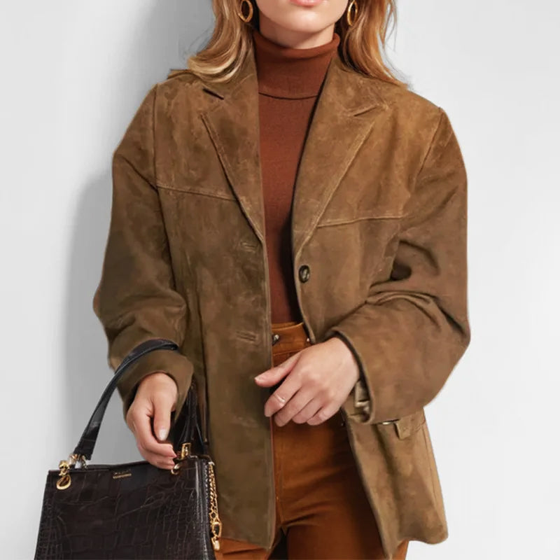 Women's Suede-Look Blazer Relaxed Tailored Jacket for Autumn City Wear