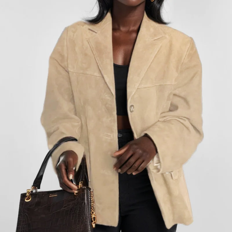 Women's Suede-Look Blazer Relaxed Tailored Jacket for Autumn City Wear