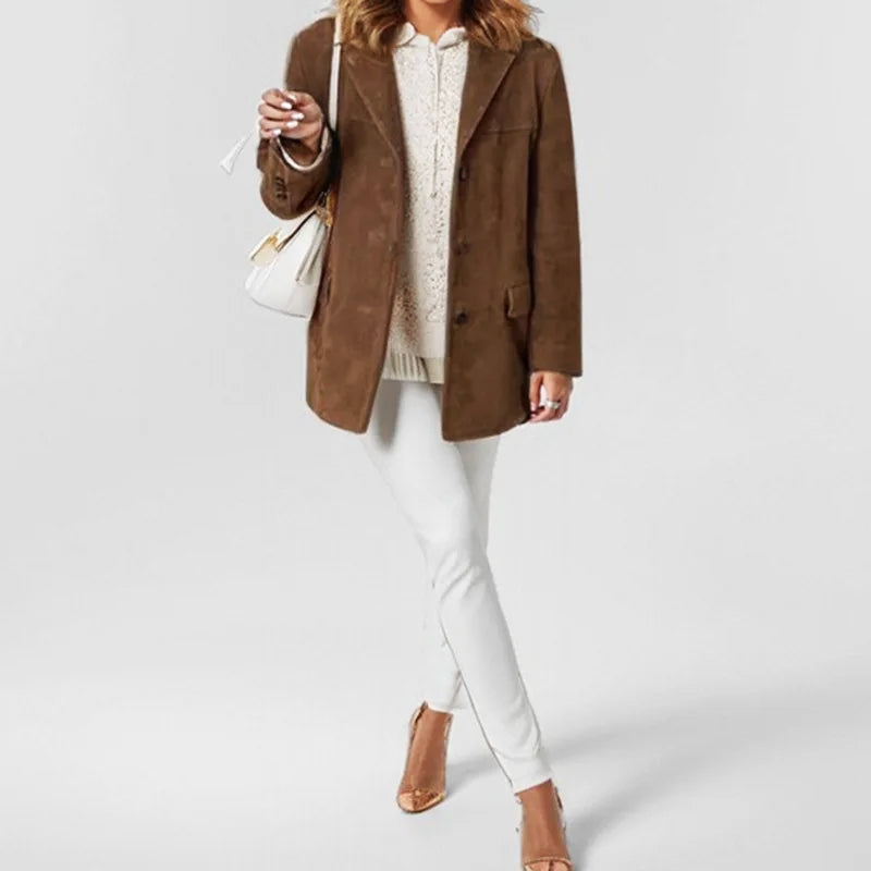Women's Suede-Look Blazer Relaxed Tailored Jacket for Autumn City Wear