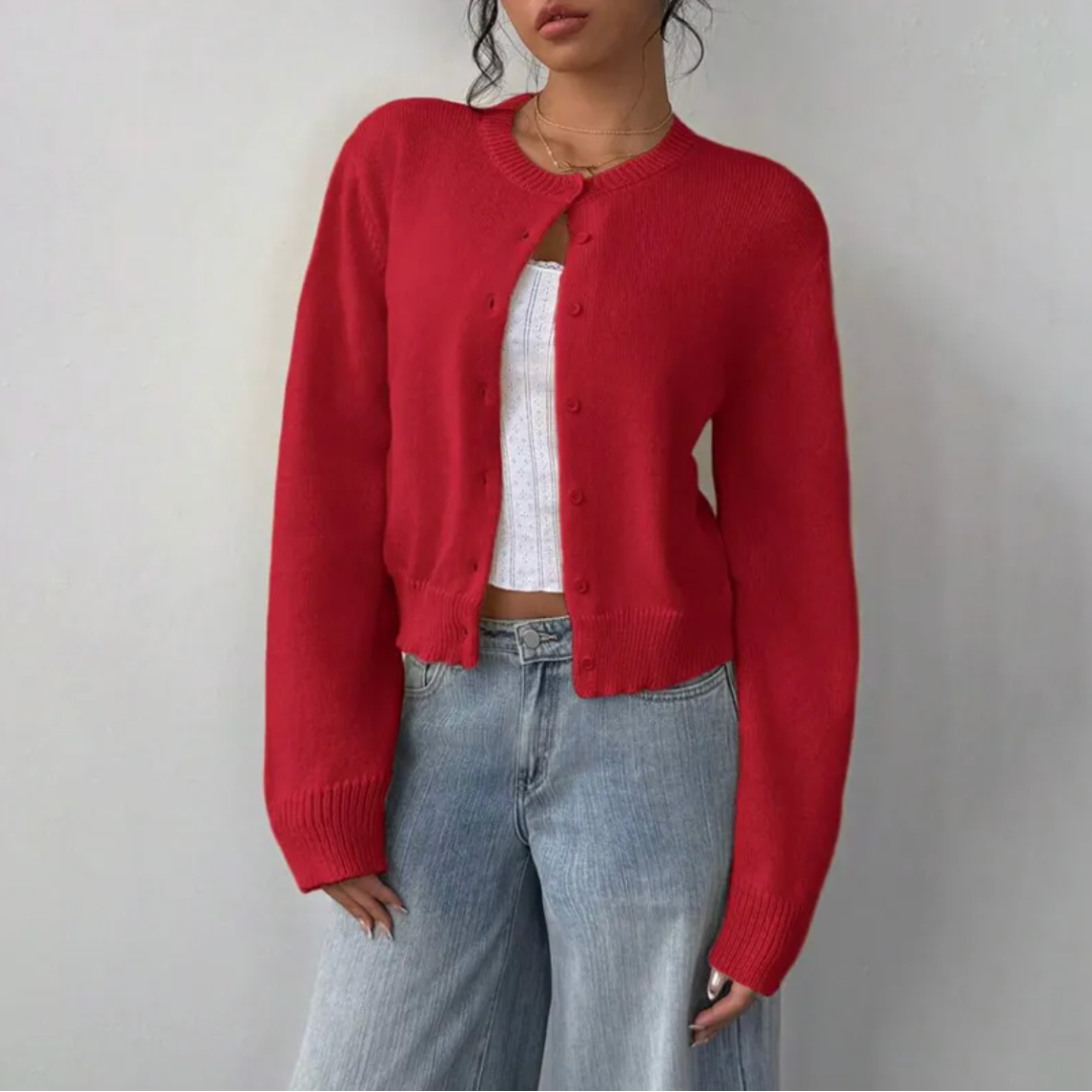 Women's Cropped Button-Front Cardigan Round-Neck Knit for Everyday Layering