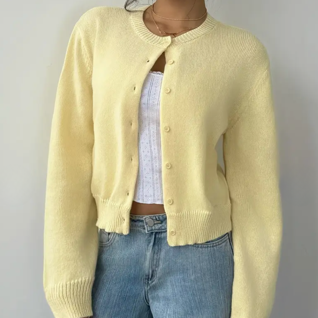 Women's Cropped Button-Front Cardigan Round-Neck Knit for Everyday Layering