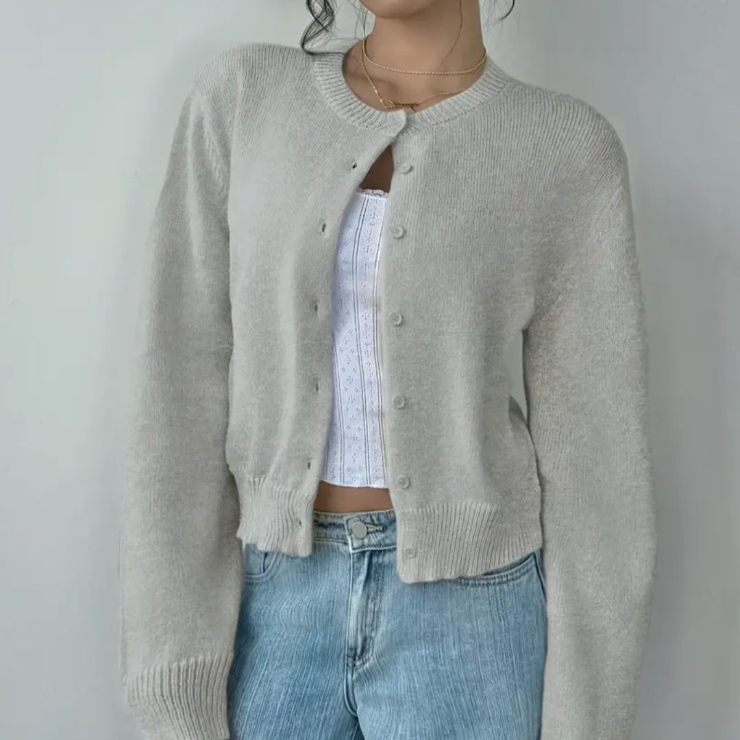 Women's Cropped Button-Front Cardigan Round-Neck Knit for Everyday Layering