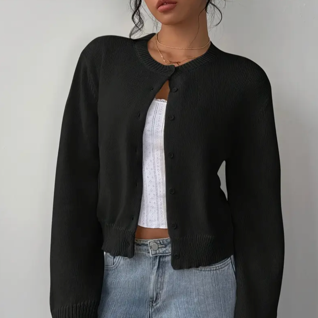 Women's Cropped Button-Front Cardigan Round-Neck Knit for Everyday Layering