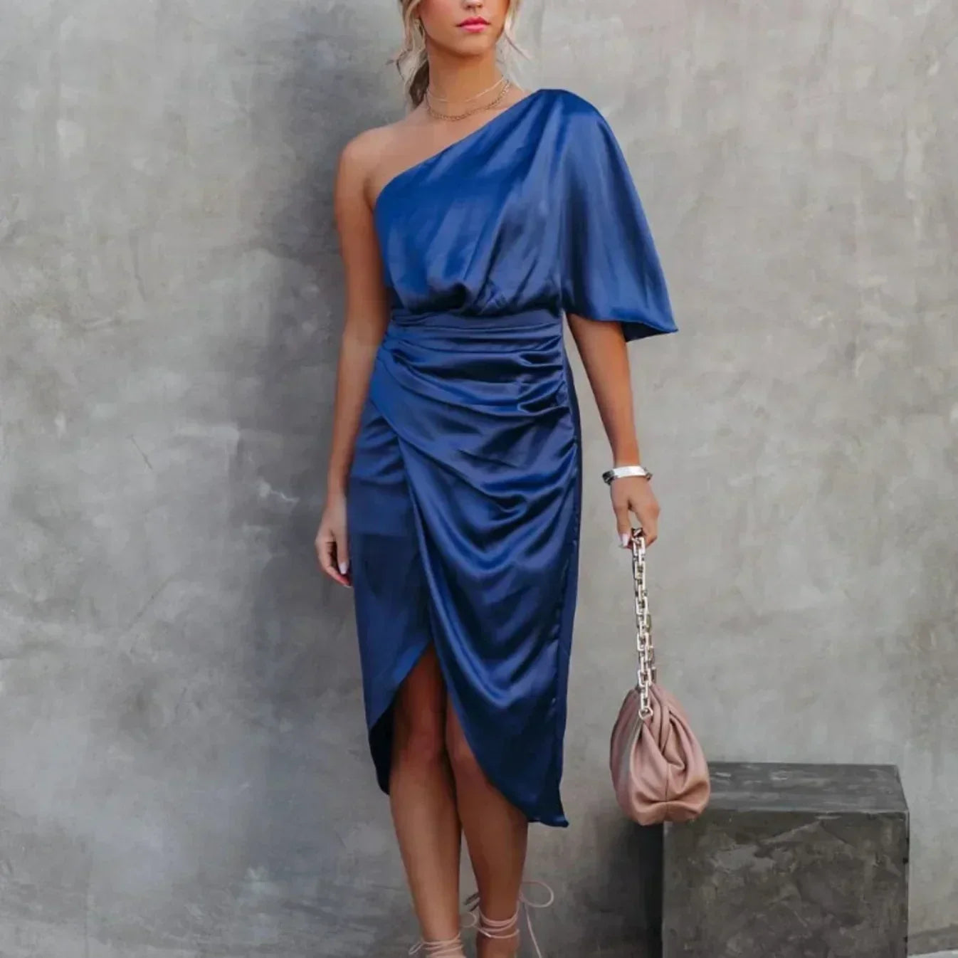 Women's One-Shoulder Ruched Midi Dress Asymmetric Wrap Dress for Evening Events