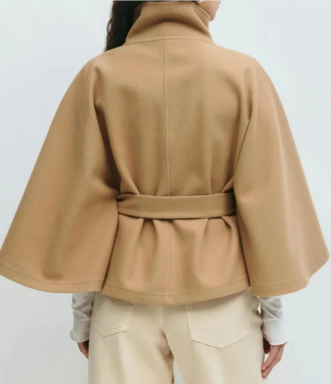 Women's Belted Cape Jacket High-Neck Spring Coat for Smart Casual Layering