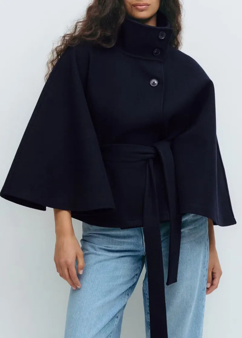 Women's Belted Cape Jacket High-Neck Spring Coat for Smart Casual Layering