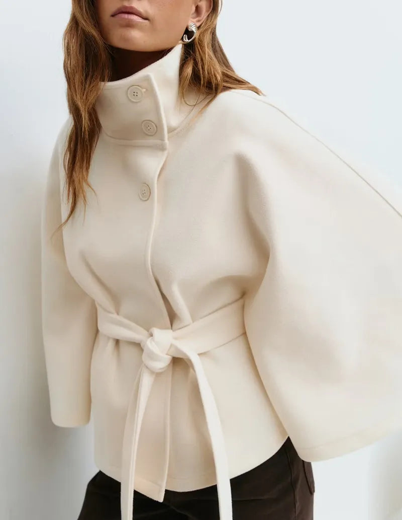 Women's Belted Cape Jacket High-Neck Spring Coat for Smart Casual Layering