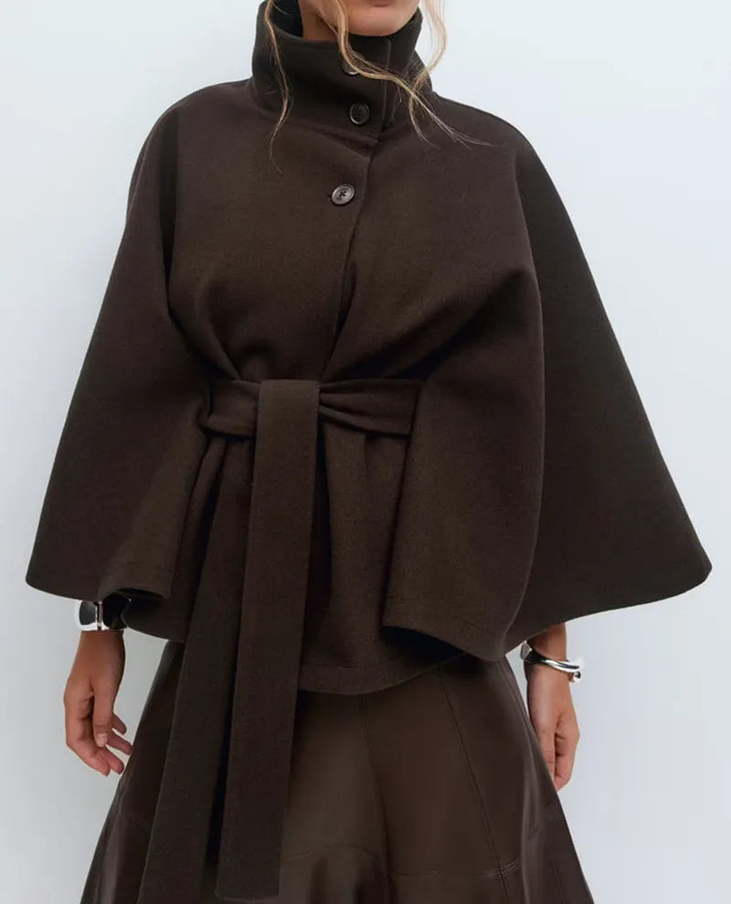 Women's Belted Cape Jacket High-Neck Spring Coat for Smart Casual Layering