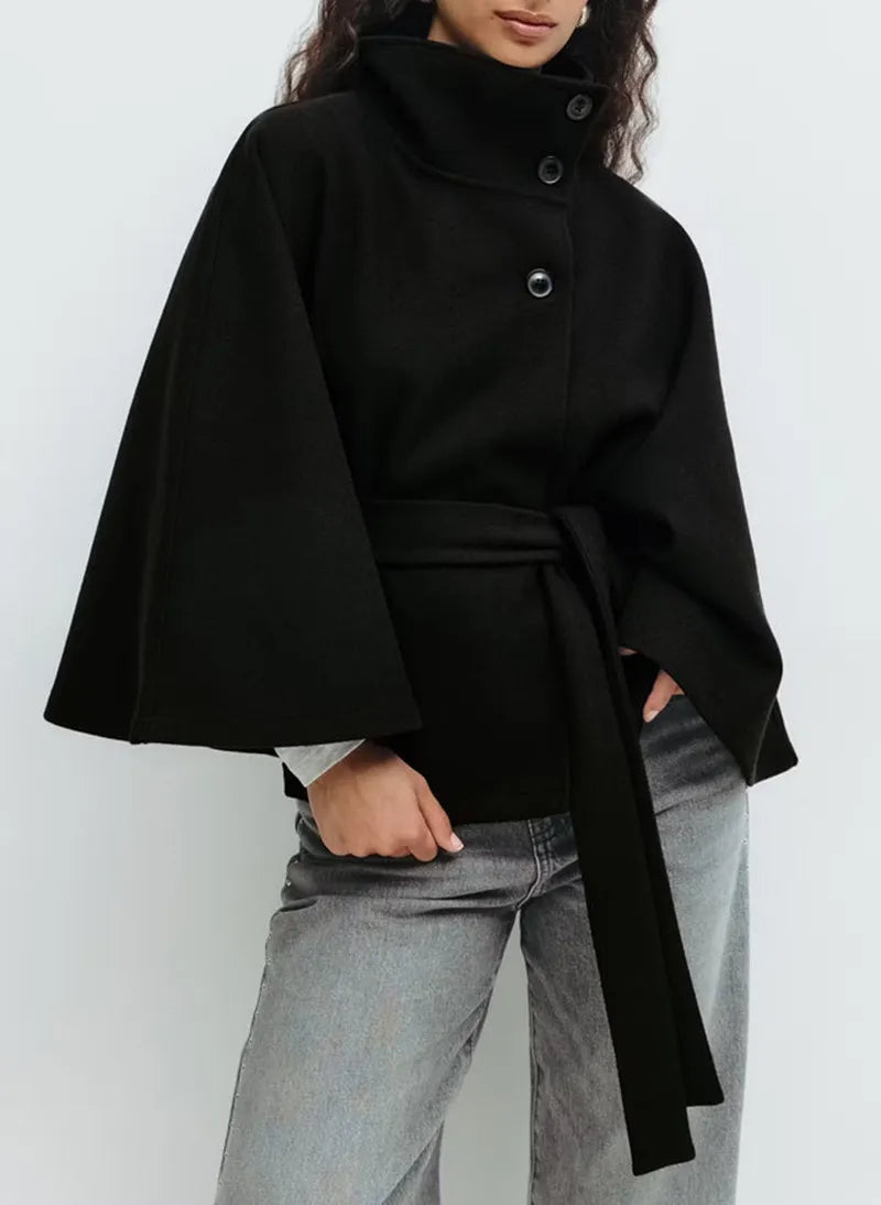 Women's Belted Cape Jacket High-Neck Spring Coat for Smart Casual Layering