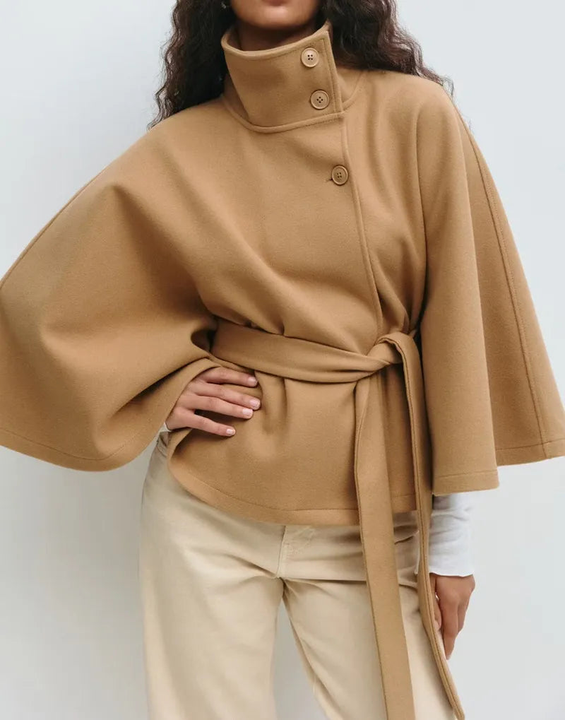 Women's Belted Cape Jacket High-Neck Spring Coat for Smart Casual Layering