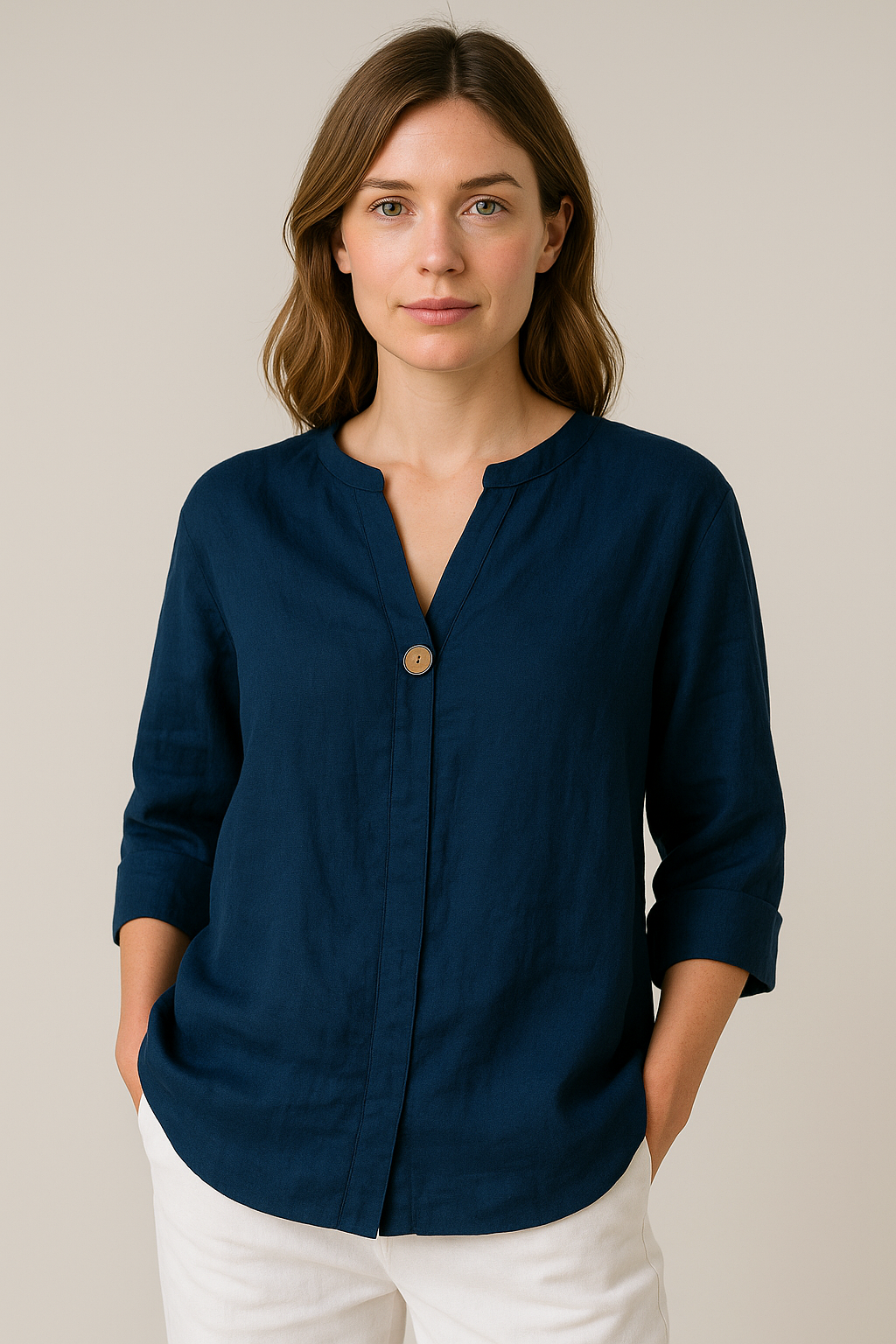 Women's V-Neck Button Blouse - Navy Blue