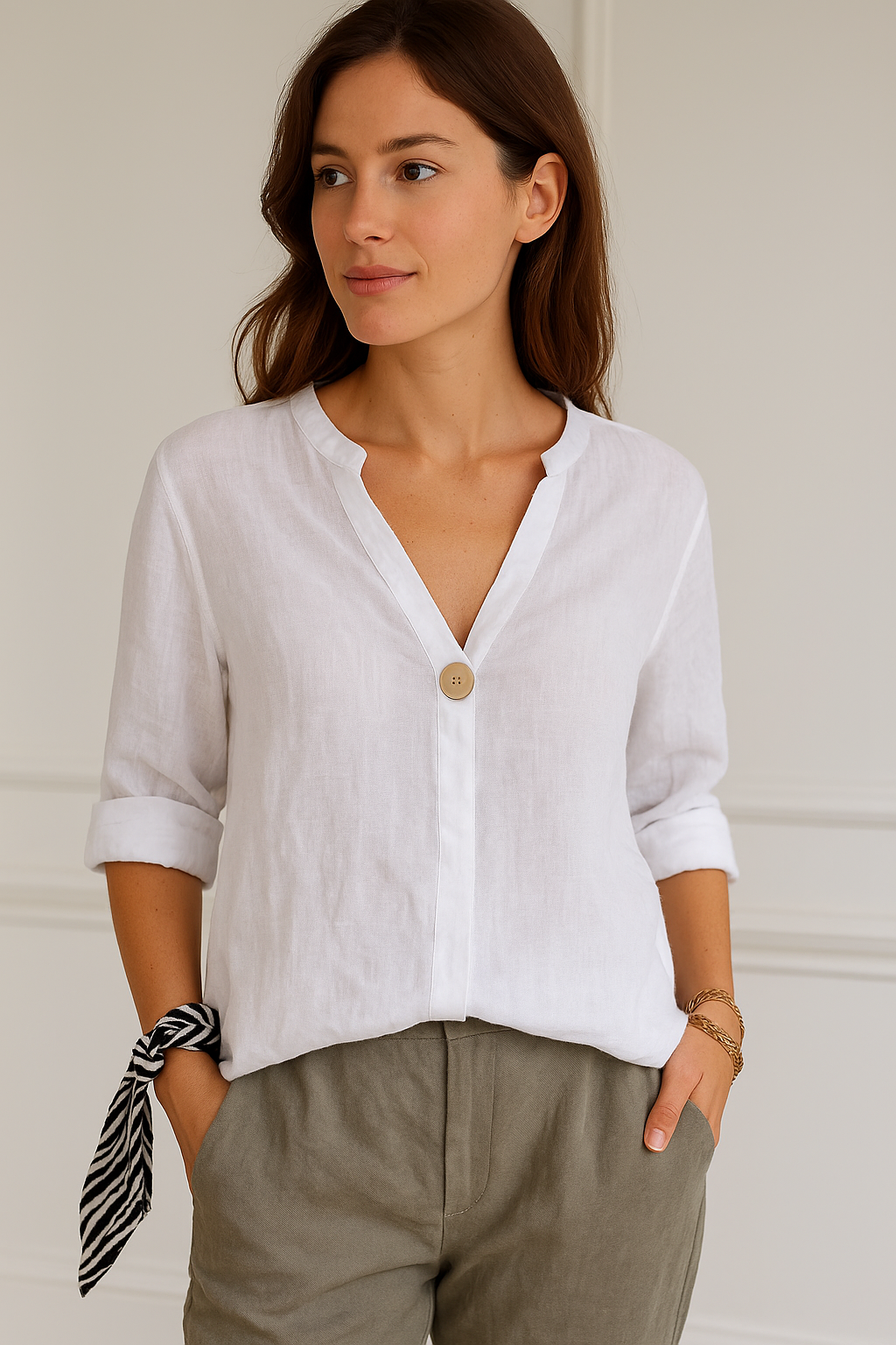 Women's V-Neck Button Blouse - White