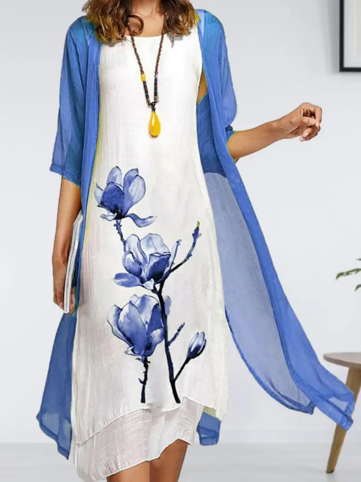 Women's Linen Floral Midi Dress Set