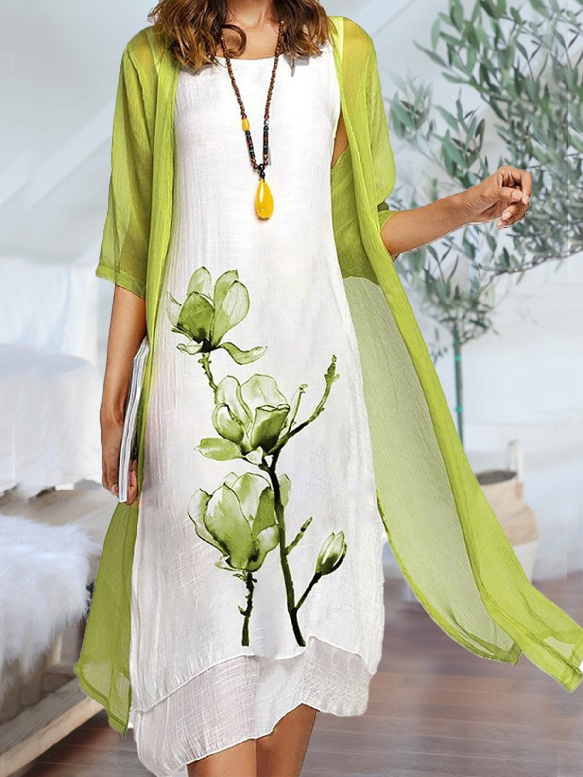 Women's Linen Floral Midi Dress Set