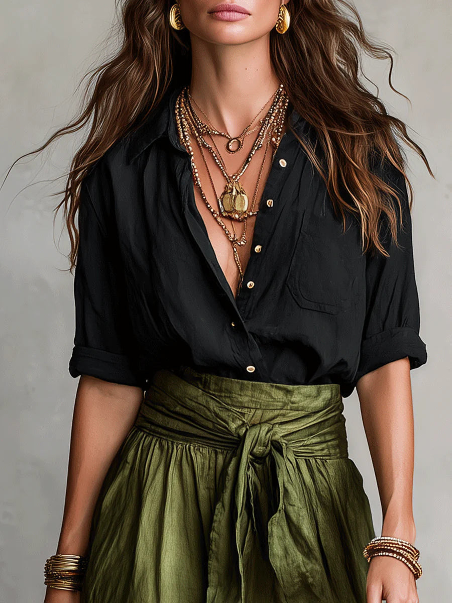 Women's Relaxed Shirt and Tie-Waist Midi Skirt Set