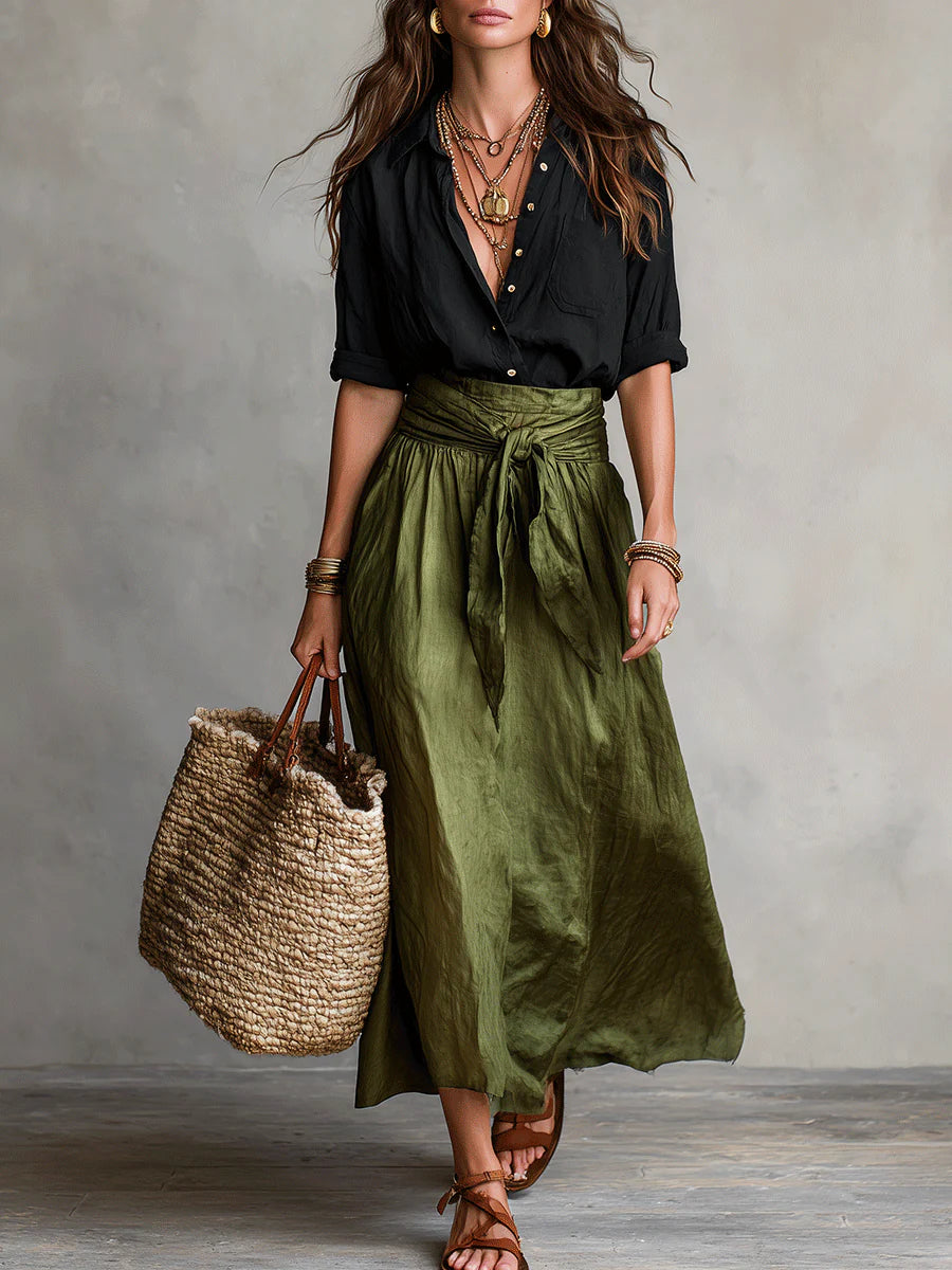 Women's Relaxed Shirt and Tie-Waist Midi Skirt Set - Black Green
