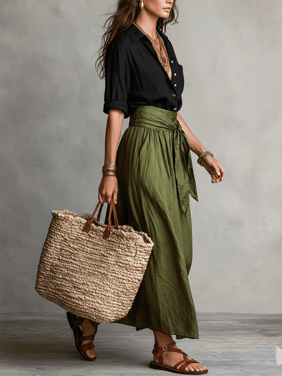 Women's Relaxed Shirt and Tie-Waist Midi Skirt Set
