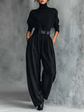 Women’s High-Neck Wide-Leg Jumpsuit Set - Black