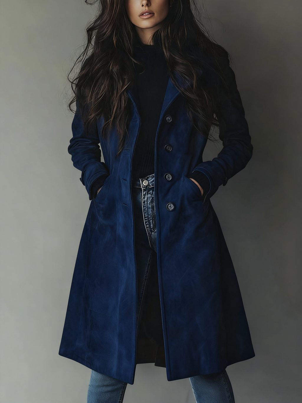 Women's Longline Double-Breasted Trench Coat - Dark Blue