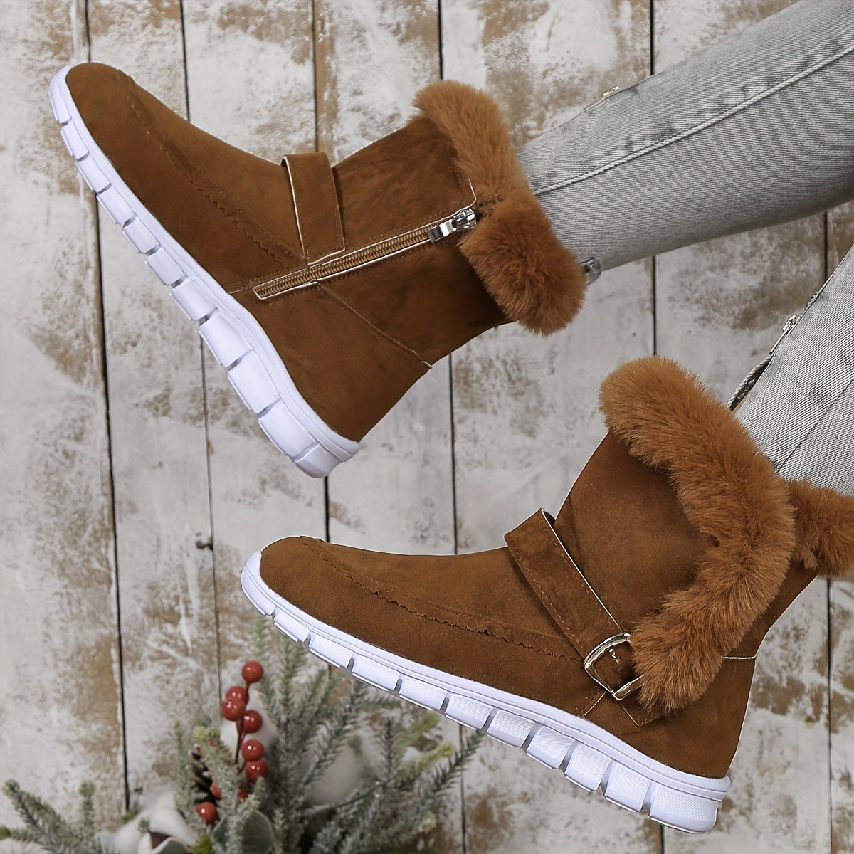 Women's Plush-Lined Buckle Ankle Boots