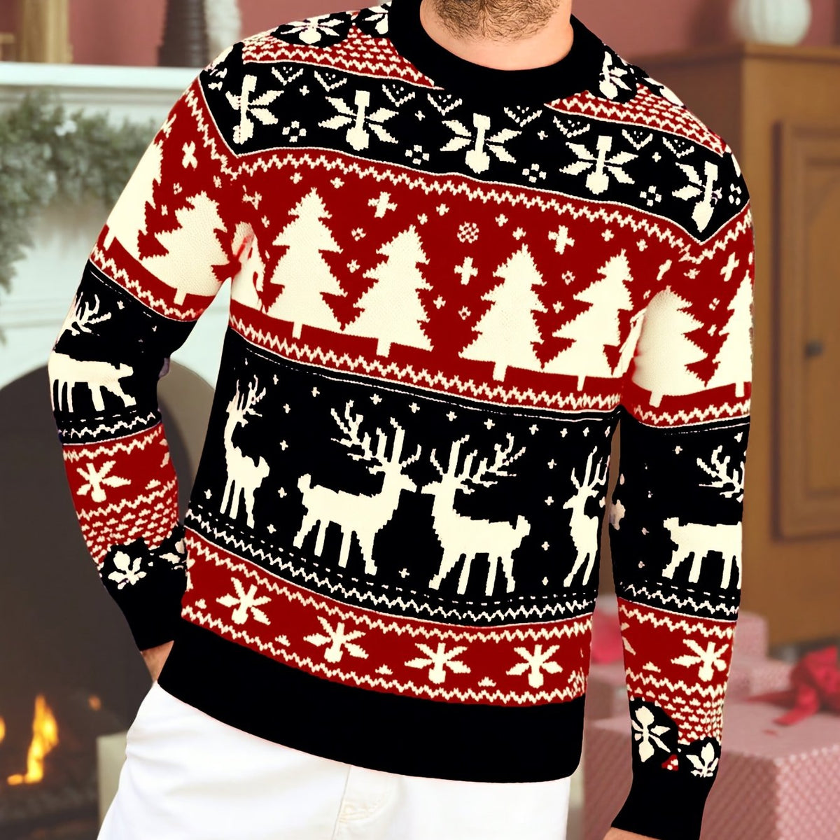 Women's Festive Knit Christmas Sweater with Winter Motifs - Black
