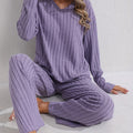 Women's Ribbed V-Neck Top and Relaxed Pants Set - Purple