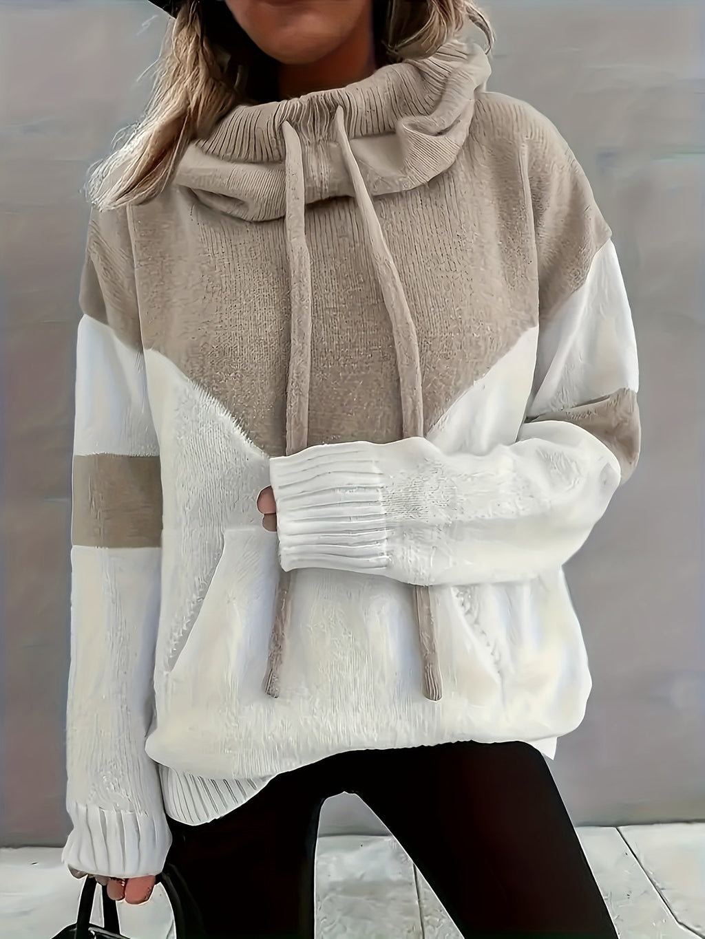 Women's Two-Tone Color-Block Drawstring Hooded Pullover
