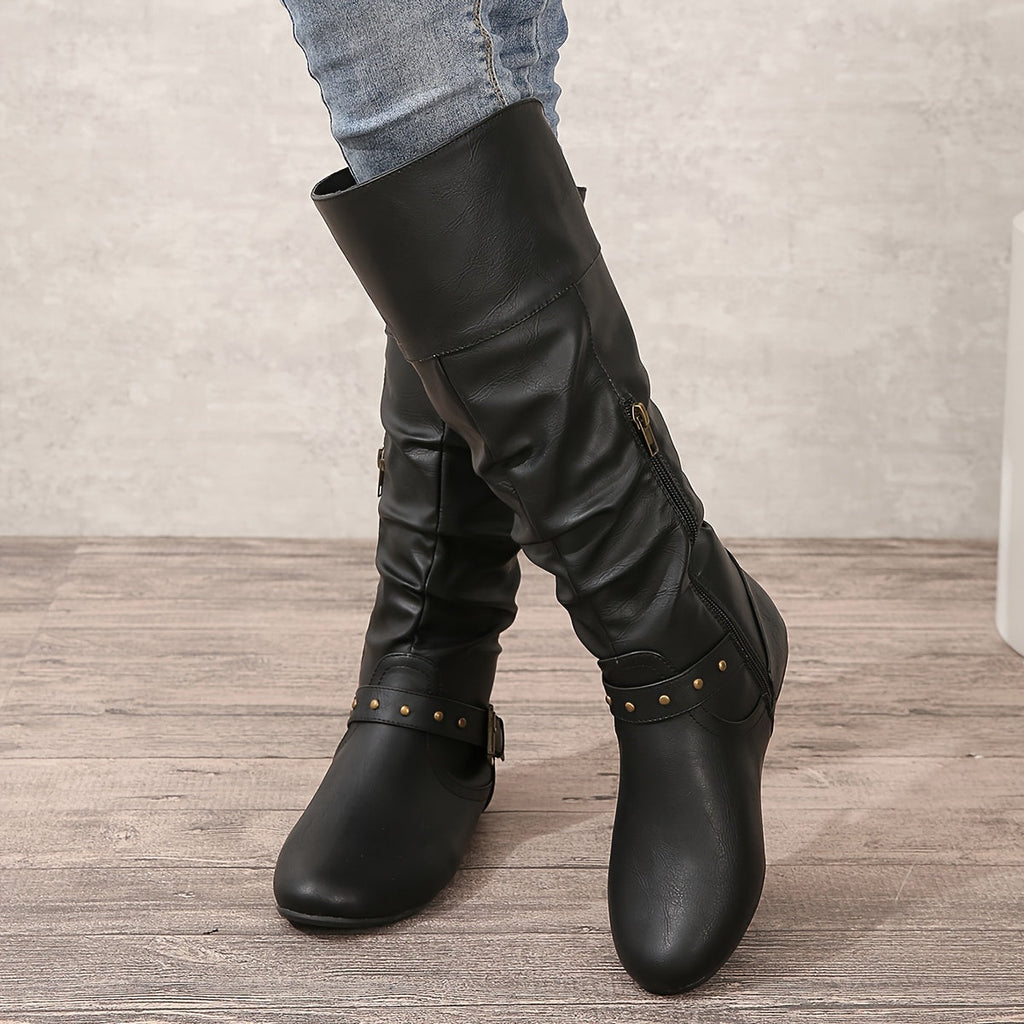 Women's Slouchy Knee-High Boots with Flat Round Toe