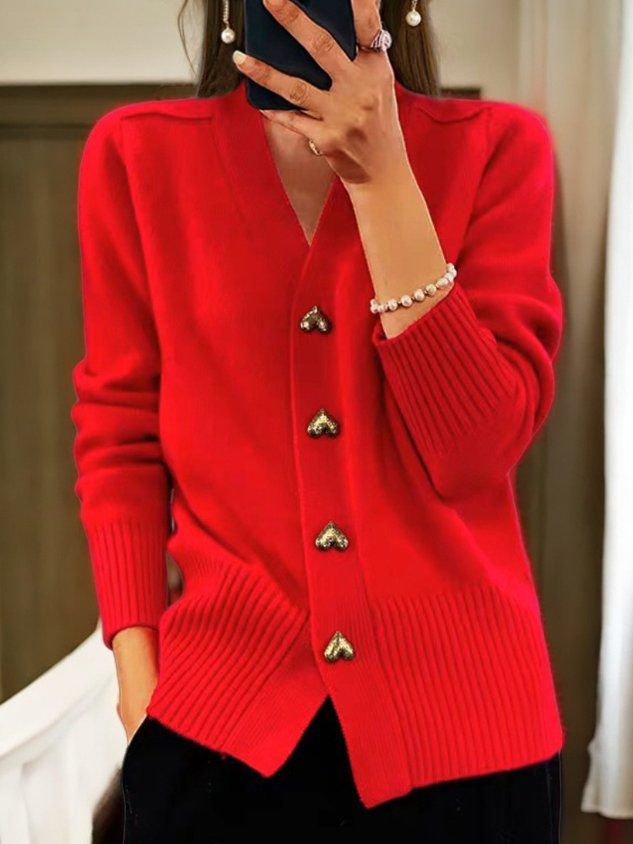 Women's Heart-Button V-Neck Cardigan